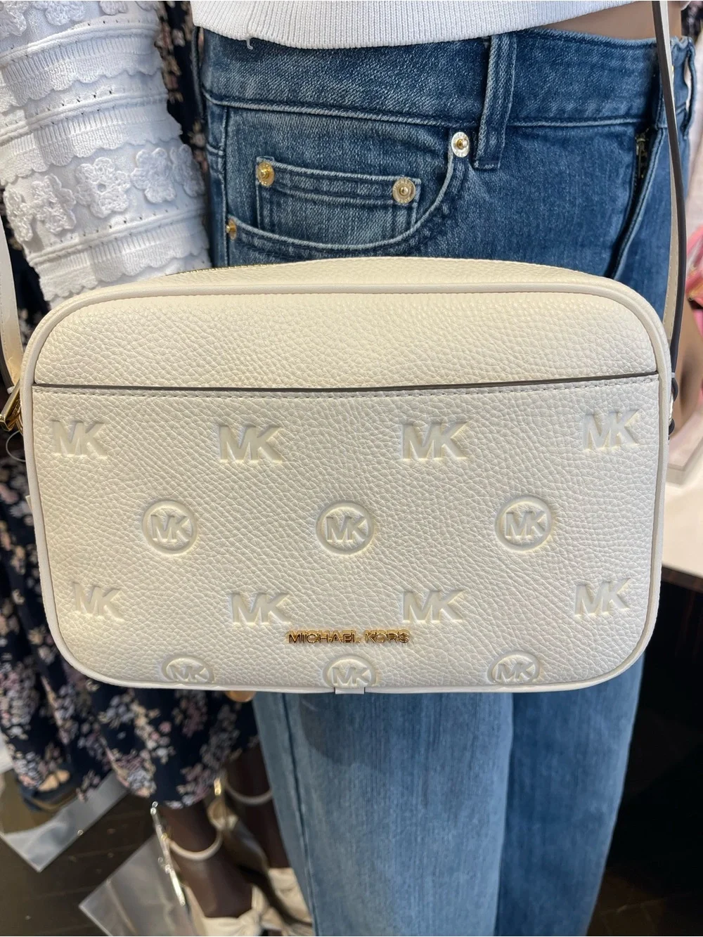 Michael Kors Jet Set Travel Large Logo Debossed EW Camera Crossbody Bag Lt Cream